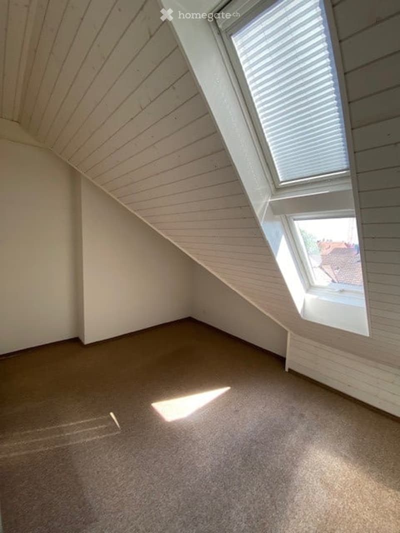 Empty attic room with wooden slanted ceilings, white walls, and carpeted floor. Two skylight windows allow natural light to enter.
