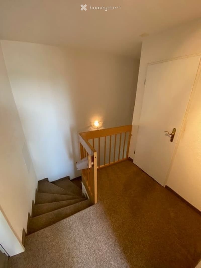 A carpeted staircase with wooden railings and a closed white door at the end of the hallway.