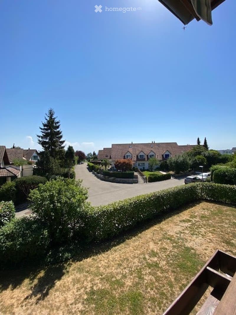 View of a suburban neighborhood from a balcony, showing houses, trees, and a driveway with a parked car.