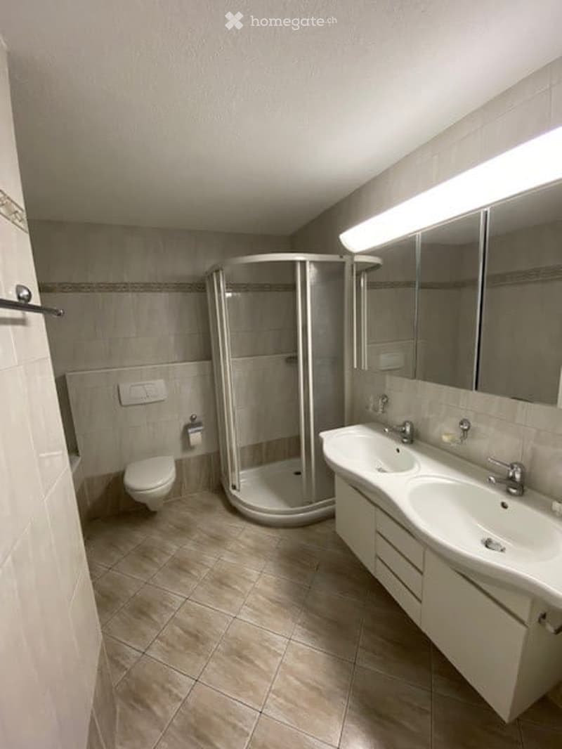 Modern bathroom with a glass-enclosed shower stall, a double sink vanity with a large mirror, and a toilet. The space features beige tiles and a sleek, contemporary design.