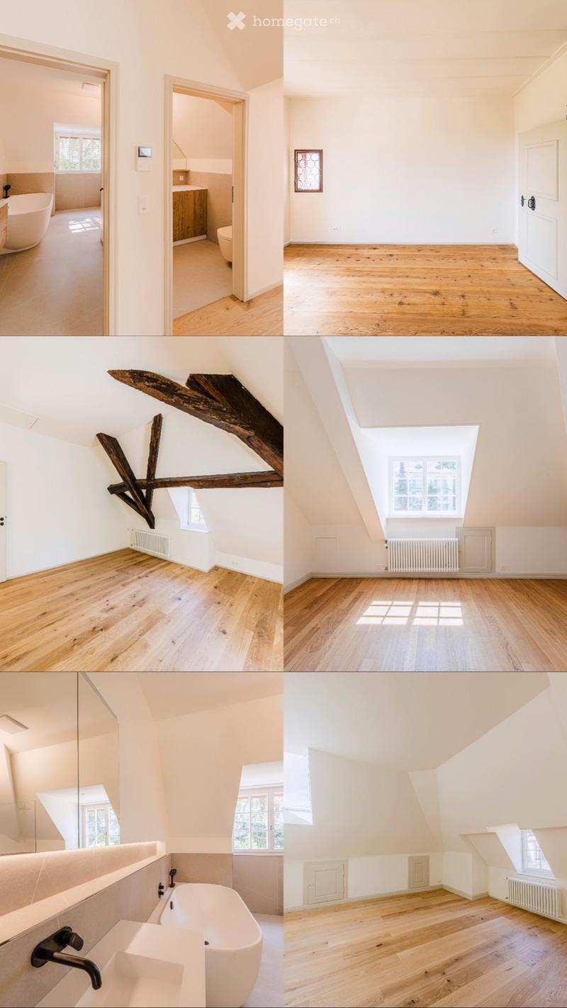 Four images show various rooms in a modern, minimalist style with light-colored walls, wooden flooring, and exposed wooden beams in some areas. The rooms include a bathroom with a bathtub, a hallway, and several living spaces with large windows and skylig
