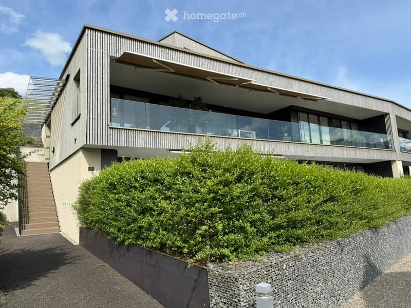 Modern two-story house with a raised ground floor, large balcony, and contemporary design featuring wooden and glass elements.
