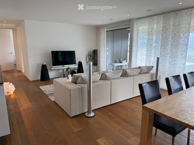 Modern living room with a large sectional sofa, coffee table, dining table with chairs, TV, floor lamp, and plants.