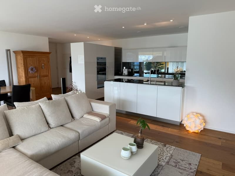 Modern open-plan living and dining area with a light grey sofa, white coffee table, dining table with chairs, and a sleek white kitchen featuring cabinets, a sink, and an oven. The space includes a wooden floor, a patterned rug, and decorative items such