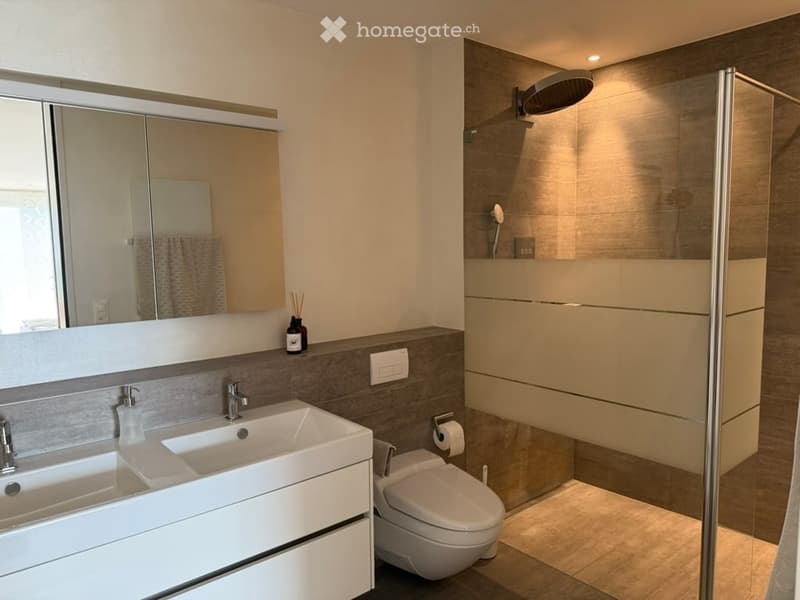 Modern bathroom with double sink, large mirror, toilet, and walk-in shower with glass enclosure.