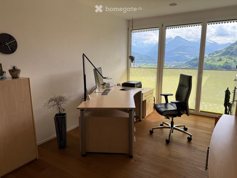 Modern office space with large windows offering a scenic mountain view, featuring a wooden desk, ergonomic chair, computer setup, and decorative plants.