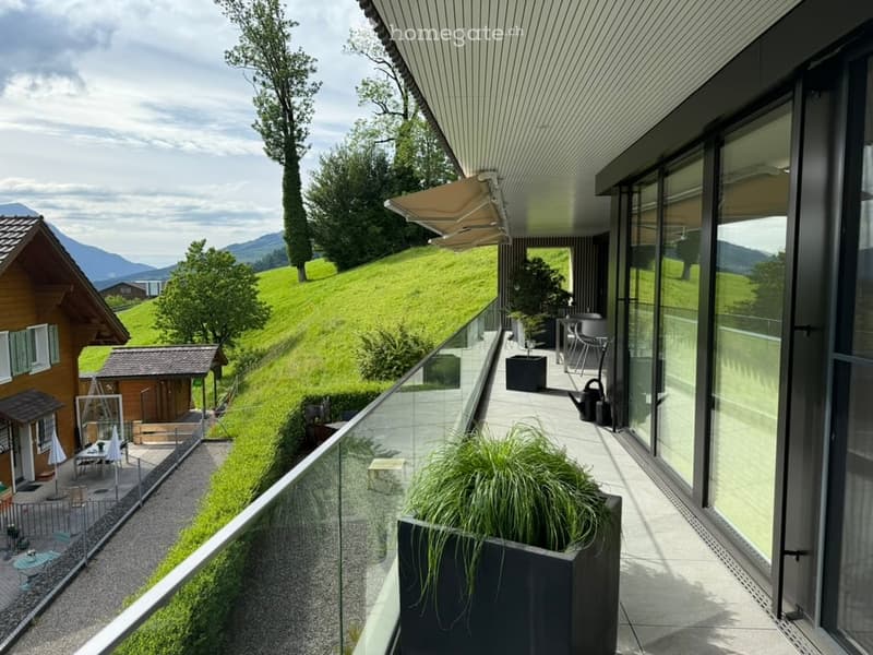 Modern balcony with glass railing, outdoor furniture, potted plants, and scenic mountain view.
