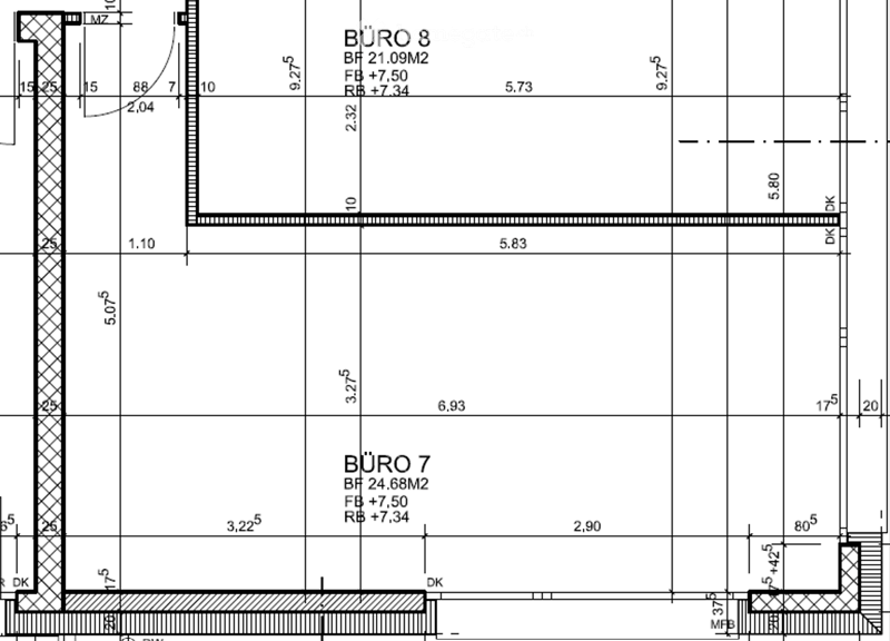 Floor plan showing two office spaces labeled BÜRO 7 and BÜRO 8 with dimensions and room labels.