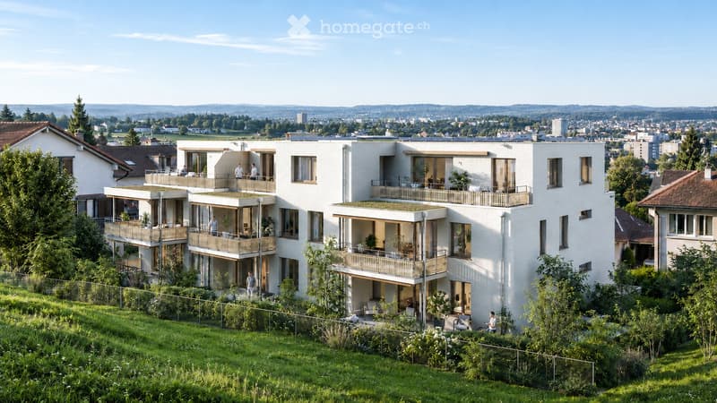 Modern multi-story residential building with balconies and large windows, surrounded by greenery and offering a scenic city view.