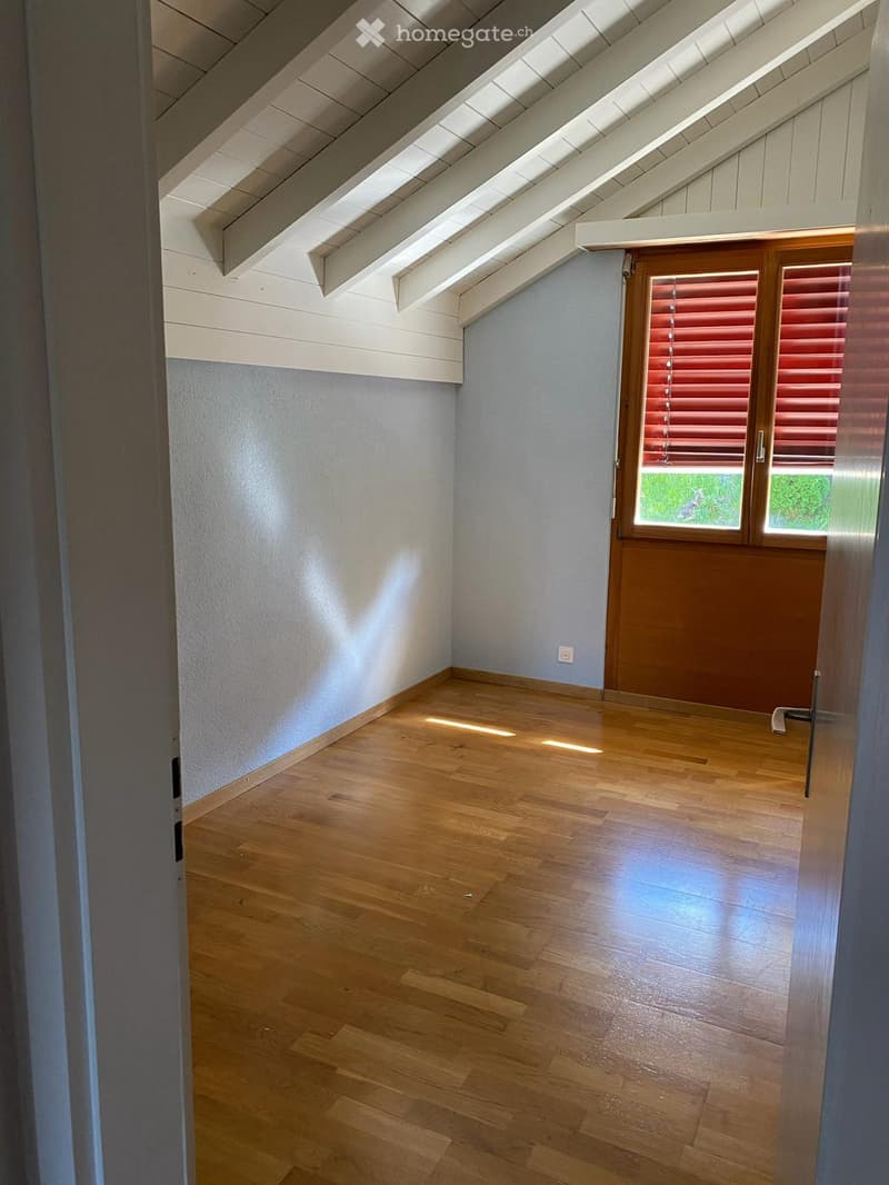 Empty room with wooden flooring, light blue walls, and a skylight ceiling. A door with red blinds leads to an outdoor area.
