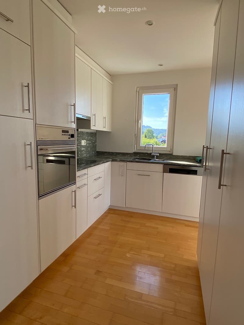 Modern kitchen with white cabinets, wooden flooring, stainless steel oven, sink, and dishwasher.