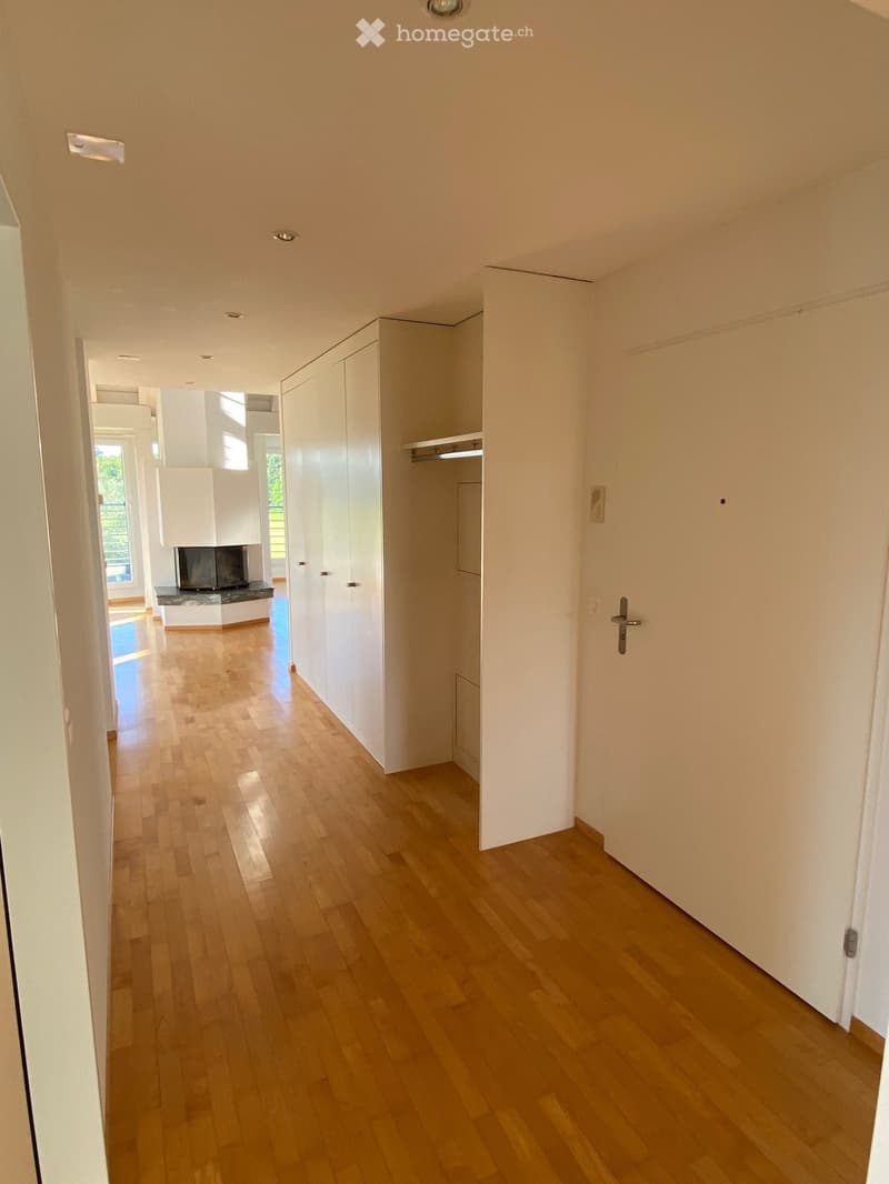 Bright hallway with wooden flooring, white walls, and recessed lighting. Features a closed white cabinet on the right and an open doorway leading to a living area with a fireplace and TV on the left.