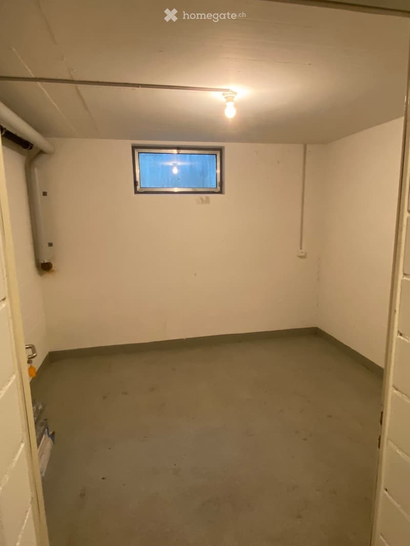 Empty room with white walls, grey concrete floor, small window, and a single ceiling light fixture.