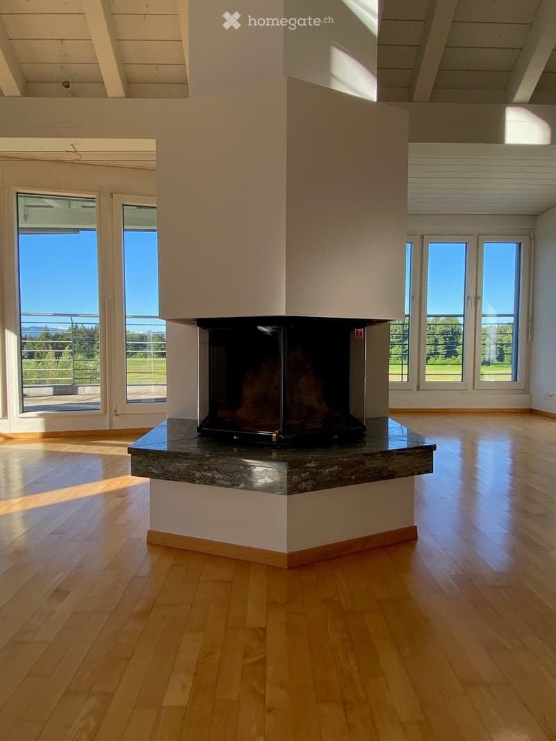 Open-concept living space with wooden flooring, large windows, and a central fireplace with a stone surround.