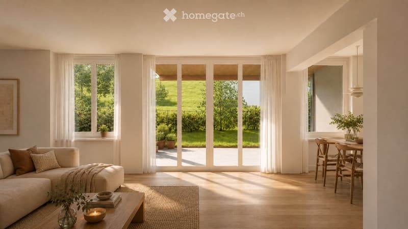 Bright living and dining area with large windows, a sofa, coffee table, dining table, and chairs. Natural light floods the space, with a view of a green garden outside.