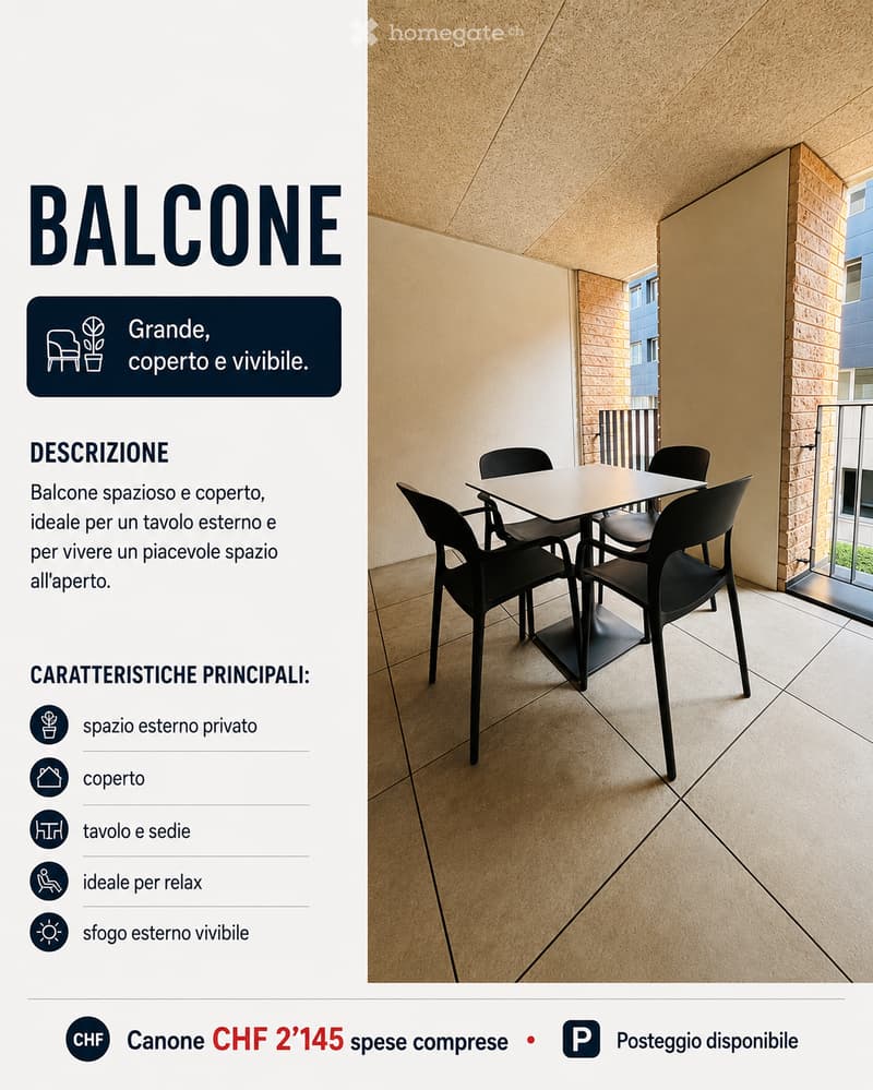 Covered balcony with tiled floor, table, and chairs, suitable for outdoor dining and relaxation.