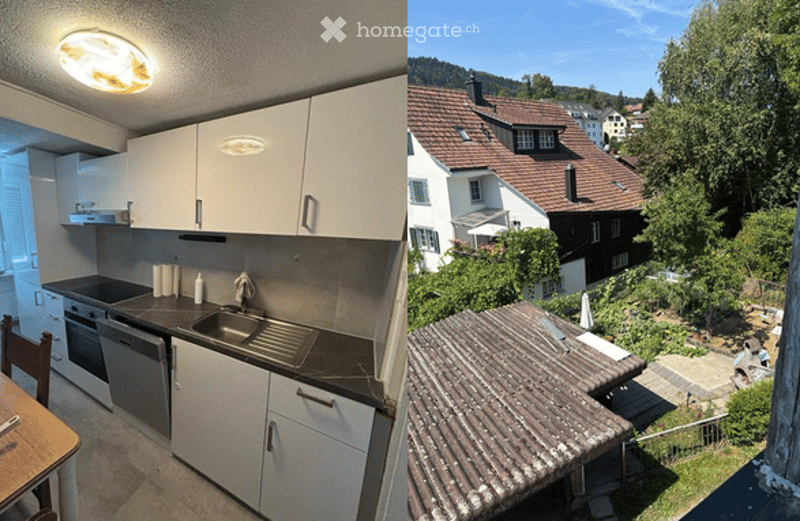 Modern kitchen with white cabinets, stainless steel appliances, and a sleek countertop. The second image shows a house exterior with a garden and scenic view.