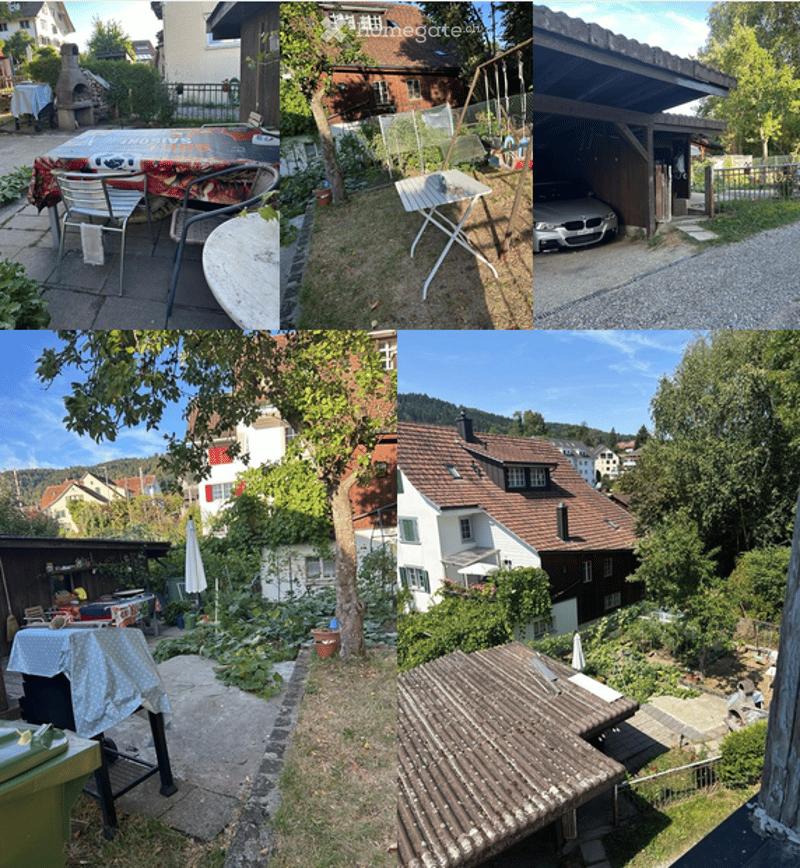 A collage of outdoor spaces including a patio with a table and chairs, a grassy area with a swing set, a covered garage with a parked car, and a garden with a wooden deck and outdoor furniture.