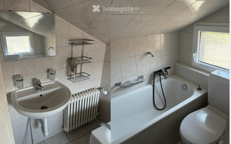 The image shows two bathrooms. The left side features a sink with a mirror, a radiator, and a towel rack. The right side shows a bathtub with a shower hose, a toilet, and a window.