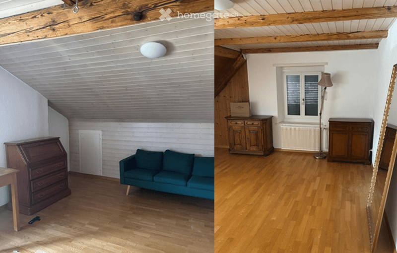 Two images showing a furnished room with wooden flooring, a slanted wooden ceiling, and exposed beams. The left image features a dark green sofa, a wooden desk, and a wooden cabinet. The right image shows a similar room with a wooden cabinet, a floor lamp