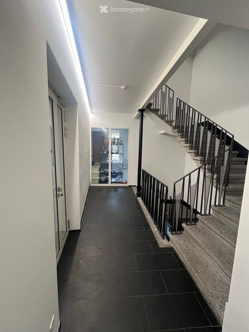 A modern hallway with black tiled flooring, white walls, and a staircase with a black metal railing leading upwards. A glass door at the end opens to a room with shelves and various items.