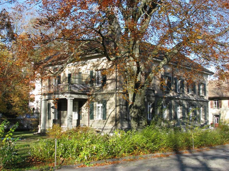 Two-story house with a balcony, surrounded by trees and greenery.