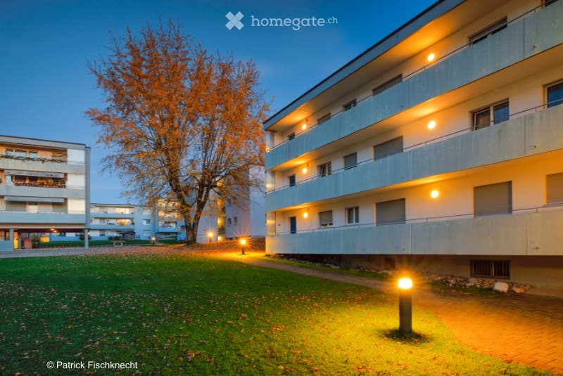 Exterior view of a modern apartment building complex during dusk with streetlights illuminating the entrance, a lush tree, and a paved walkway.