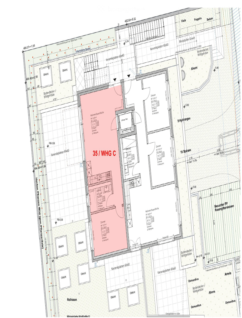Floor plan of a residential building showing multiple rooms including a living room, kitchen, bedrooms, bathrooms, and a balcony.