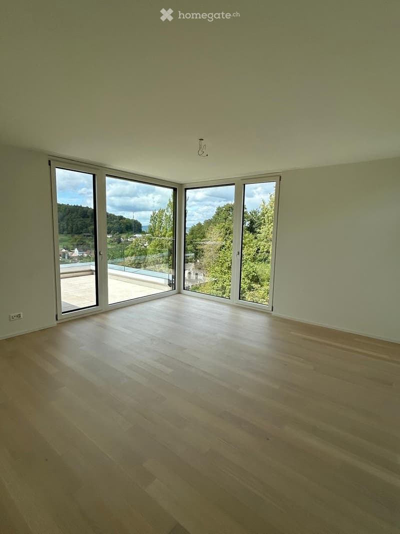 Empty room with light green walls, wooden flooring, and large windows offering a scenic view of trees and a landscape.