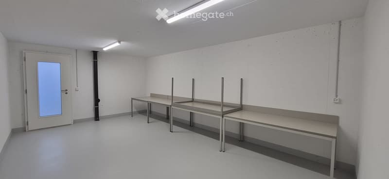Empty room with white walls, grey floor, and a door with a frosted glass panel. Minimalist design with no furniture.