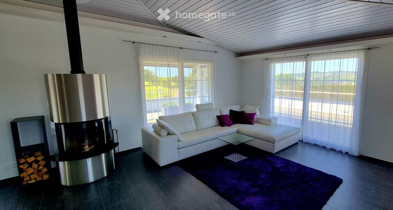Modern living room with white sectional sofa, purple throw pillows, glass coffee table, purple shag rug, and a sleek stainless steel fireplace.