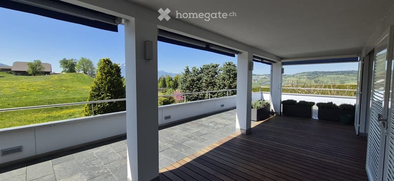 Spacious balcony with wooden decking, stone tiles, and potted plants, offering scenic views of a green field and distant mountains.