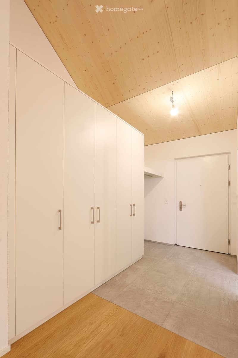 Modern hallway with white built-in cabinets, wooden flooring, and a slanted wooden ceiling.