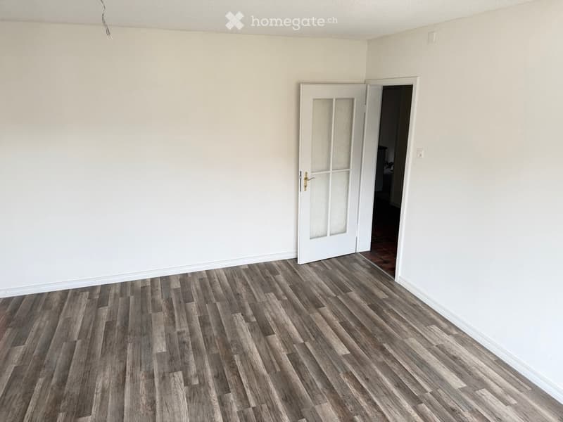 Empty room with light-colored walls and dark wood flooring, featuring a white door with glass panels leading to another room.