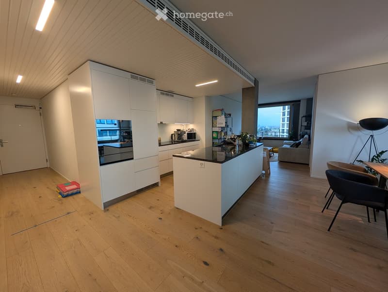 Open-plan living and kitchen area with light wood flooring, white kitchen cabinets, a central island, a sofa, and modern seating.