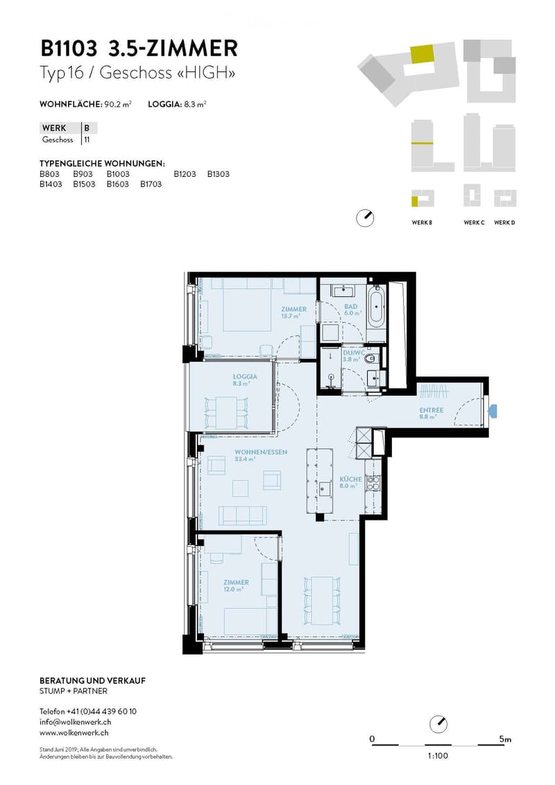Floor plan of a 3.5-room apartment with a living/dining area, kitchen, two bedrooms, bathroom, and a loggia.