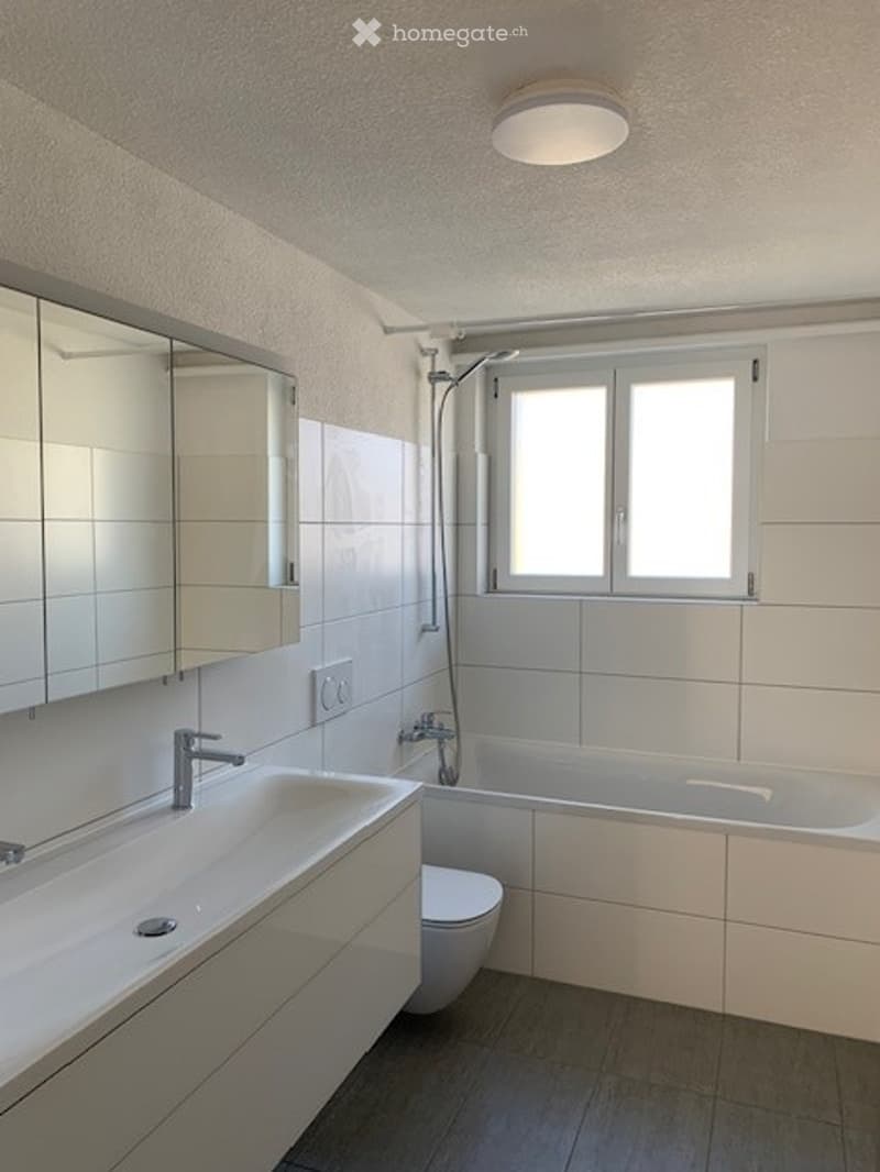 Modern bathroom with white tiles, a large mirror, a sink with a chrome faucet, a bathtub, and a toilet.