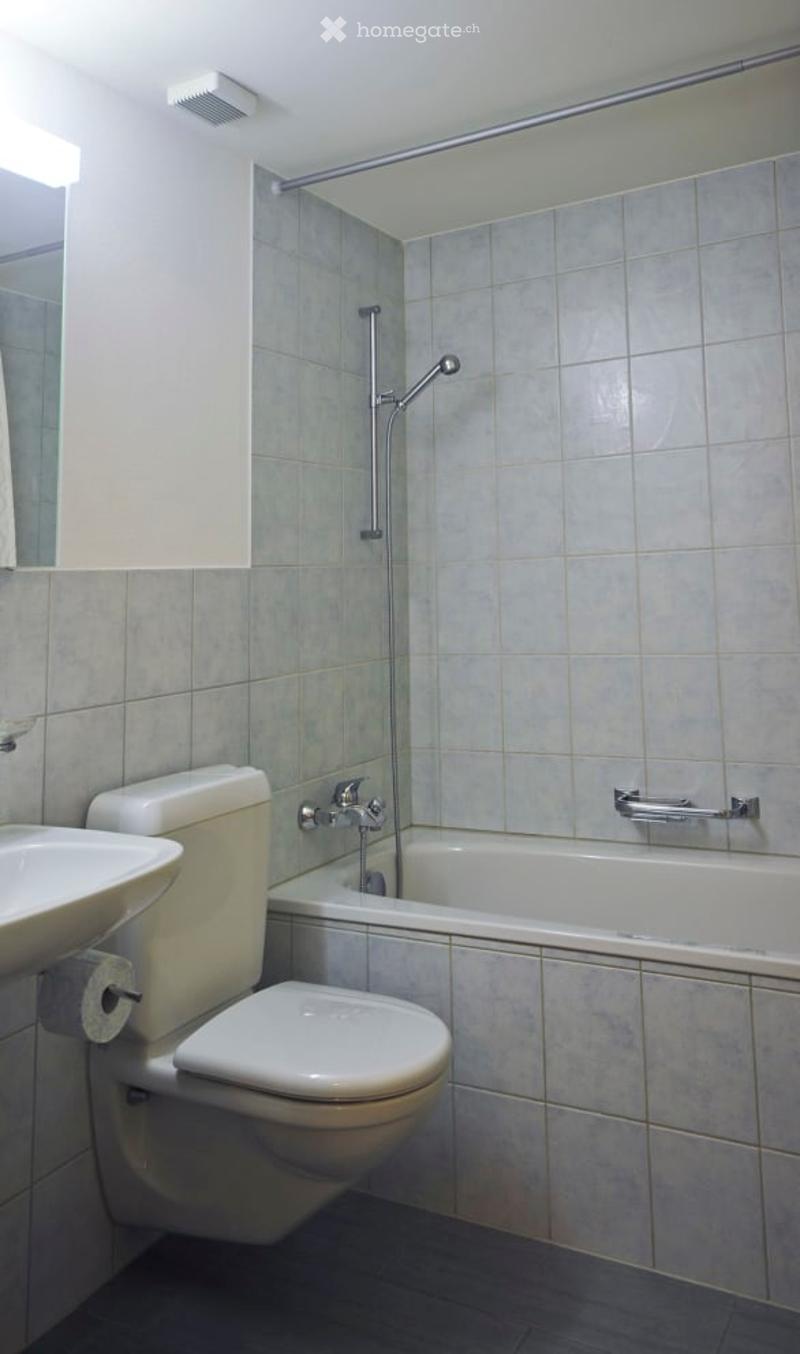 Bathroom with a toilet, sink, bathtub, and showerhead. The walls are tiled in light grey, and there is a handrail on the side of the bathtub.