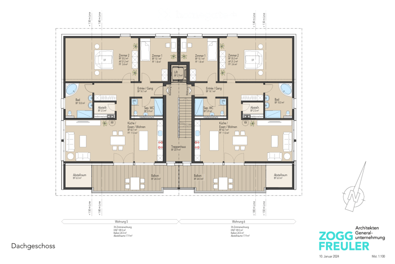 Floor plan of a multi-unit building with two apartments, each featuring bedrooms, bathrooms, kitchen, living areas, and balconies.