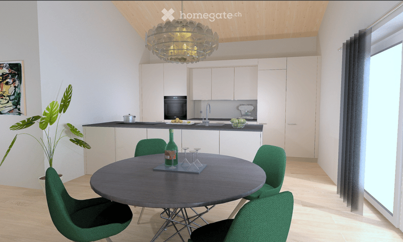 Modern kitchen with white cabinets, a round dining table with green chairs, a bottle on the table, and a potted plant near the wall.