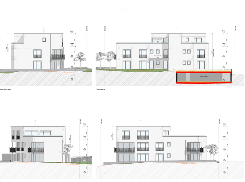 Architectural floor plan showing multiple building elevations and sections, including north and east facades, ground floor, upper floor, and basement levels with labeled dimensions and structural details.