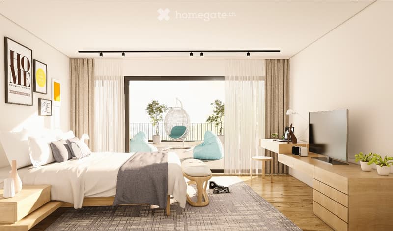 Modern bedroom with a large bed, nightstand, chair, stool, table, screen, lamp, picture frame, plant, and a view of a balcony with a hanging chair and bean bags.