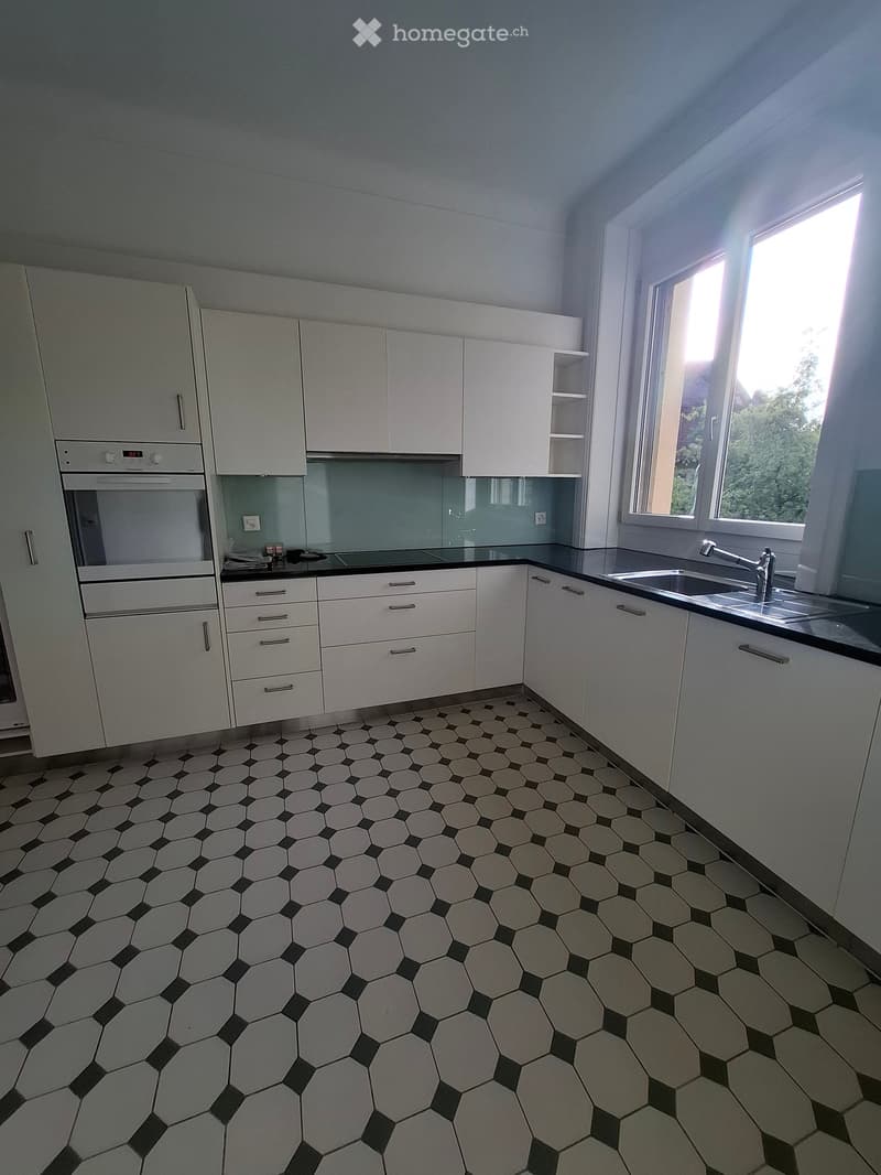 Modern kitchen with white cabinets, black countertop, hexagonal tile floor, and stainless steel sink.