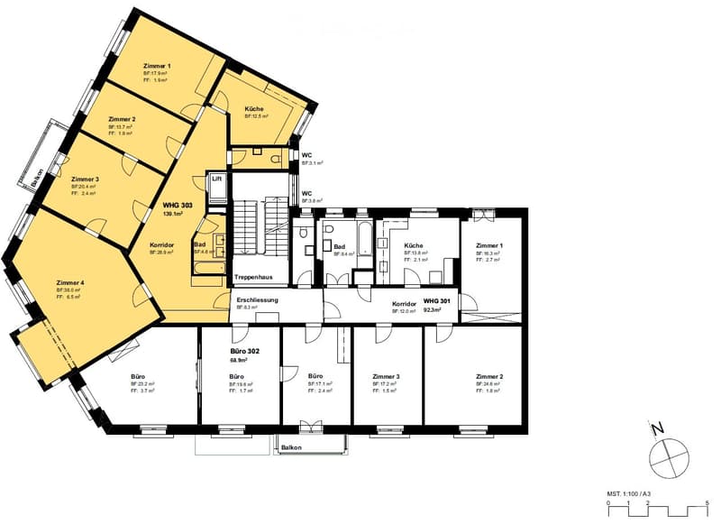 Floor plan of a multi-level residential building with multiple rooms, including bedrooms, bathrooms, kitchen, and offices, with a balcony.