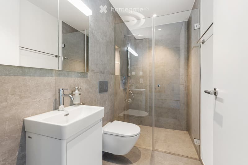 Modern bathroom with a white sink, chrome faucet, toilet, glass-enclosed shower, and mirrored cabinet.