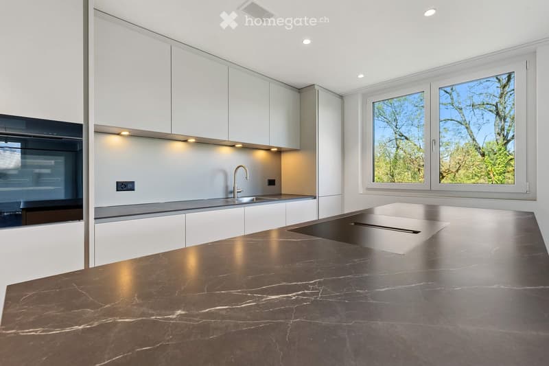 Modern kitchen with white cabinets, dark marble countertops, stainless steel sink, and built-in oven. Large windows provide natural light.