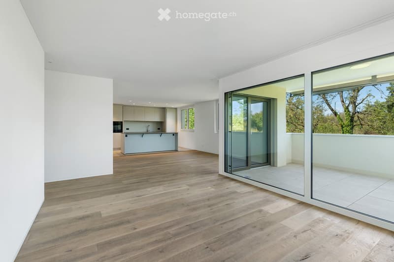 Open-plan space with light wooden flooring, white walls, and a modern kitchen area featuring a kitchen island and cabinets. Large glass sliding doors lead to a balcony with outdoor tiles.