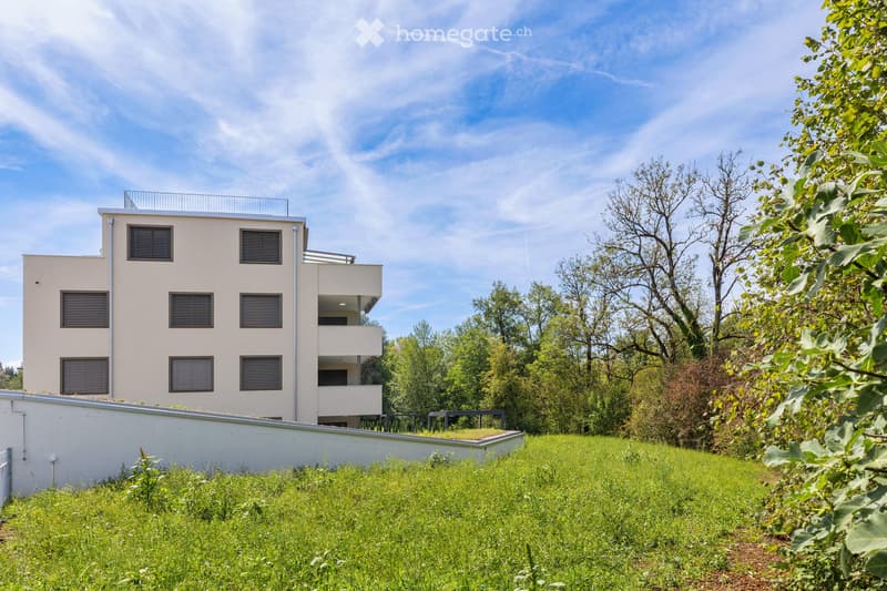 Modern two-story house with beige exterior, multiple windows with black shutters, and a raised ground floor surrounded by a grassy area and trees.