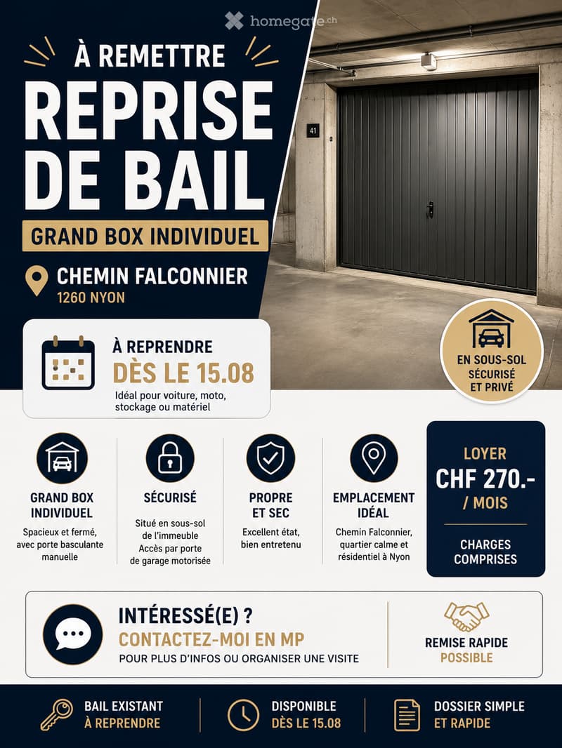 Promotional advertisement for a parking space rental, featuring a secure underground garage with a manual rolling shutter, located in Nyon, Switzerland.