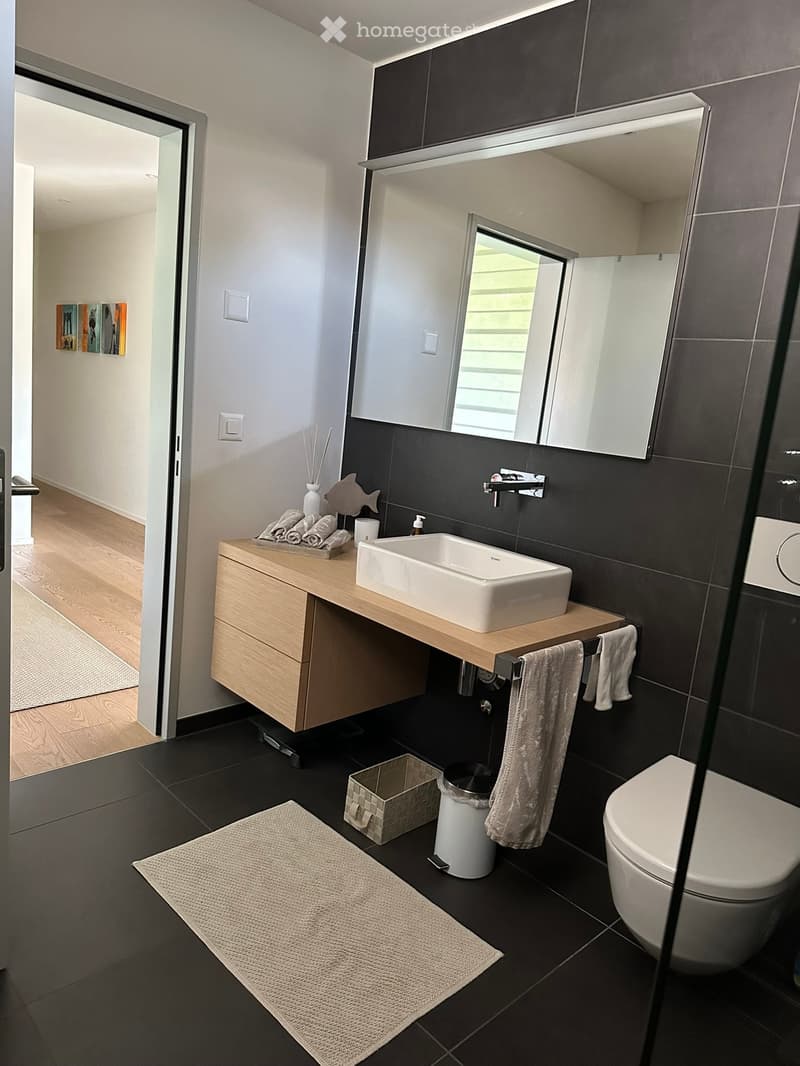 Modern bathroom with dark tiles, white sink, toilet, and wooden cabinet. Includes a mirror, towels, a trash can, and a small basket.